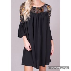Umgee Dress Womens M Black Pasiley Velour Top Bell Sleeve Flowy Party Dark Fairy